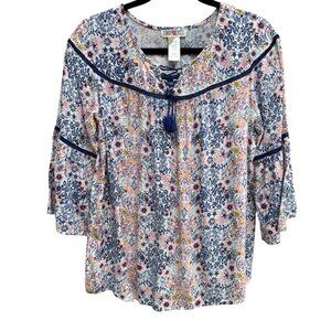 Kandy Kiss Womens Blue Pink Floral Boho 3/4 Bell Sleeve Tassel Detail Blouse XL